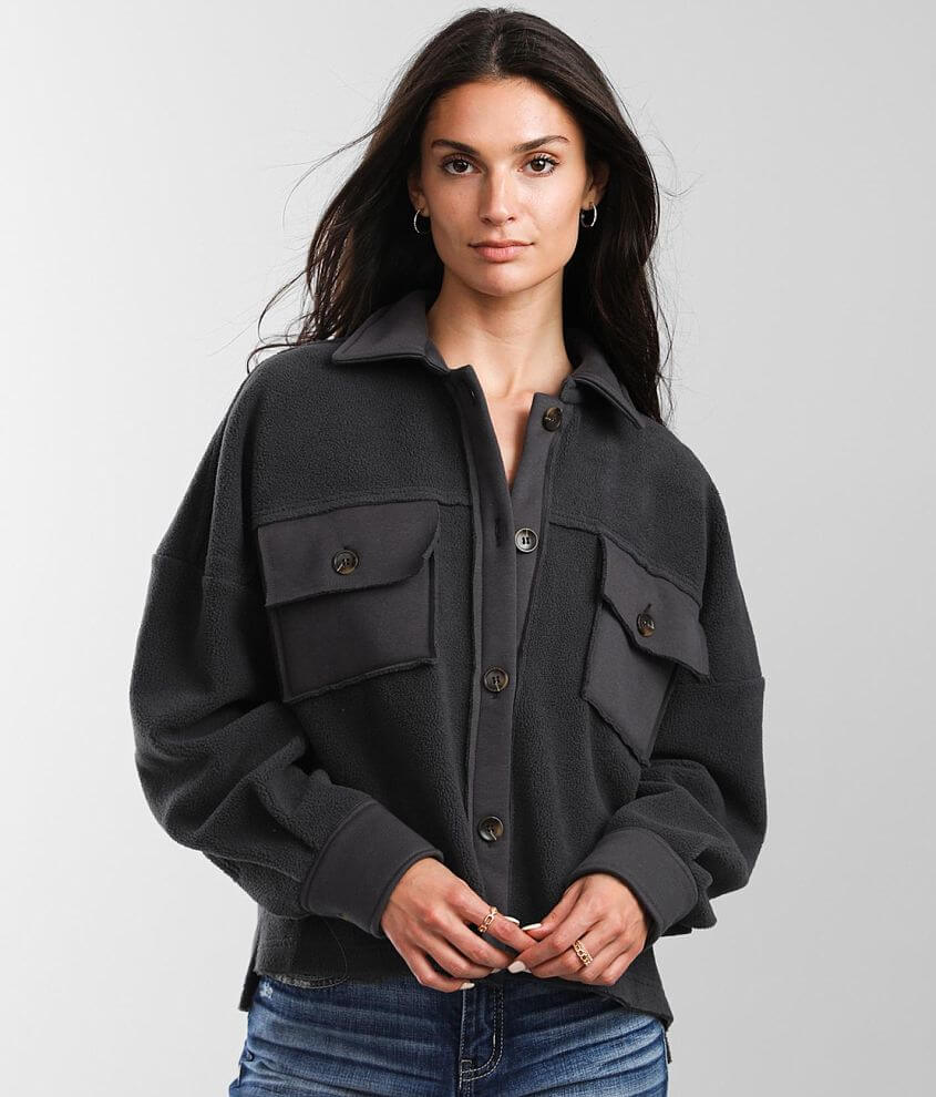 BKE Oversized Fleece Jacket Women's Coats/Jackets in Grey Buckle