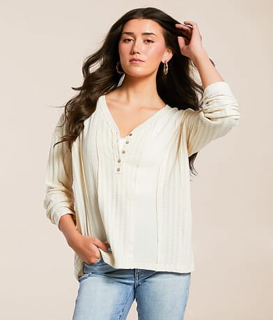BKE Raw Edge Pieced Henley front view