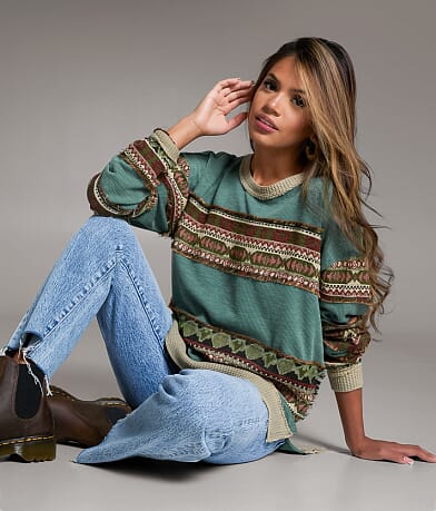 BKE Jacquard Applique Fringe Oversized Top front view