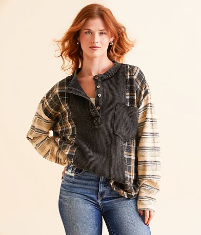 BKE Pieced Plaid Henley front view