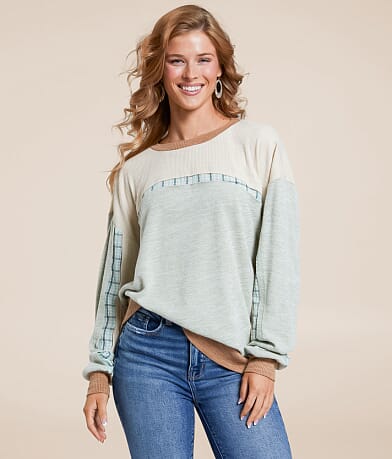 BKE Pieced Plaid Top front view