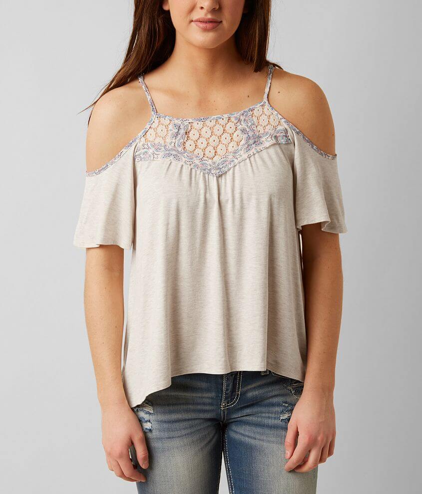 Jolt Raw Edge Top Women's Shirts/Blouses in Heather Oatmeal Buckle