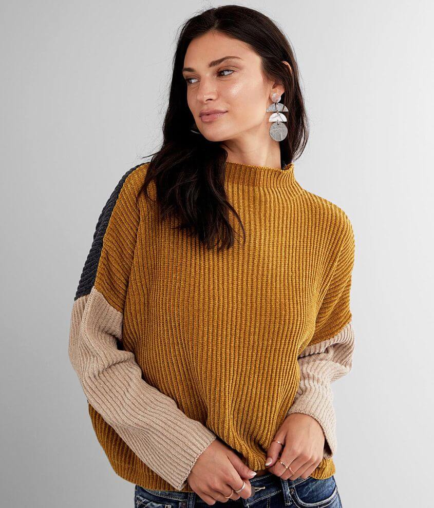 mystree Color Block Chenille Sweater - Women's Sweaters in Mustard