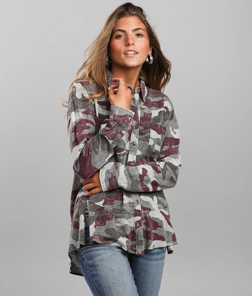 mystree Pieced Camo Print Shirt front view