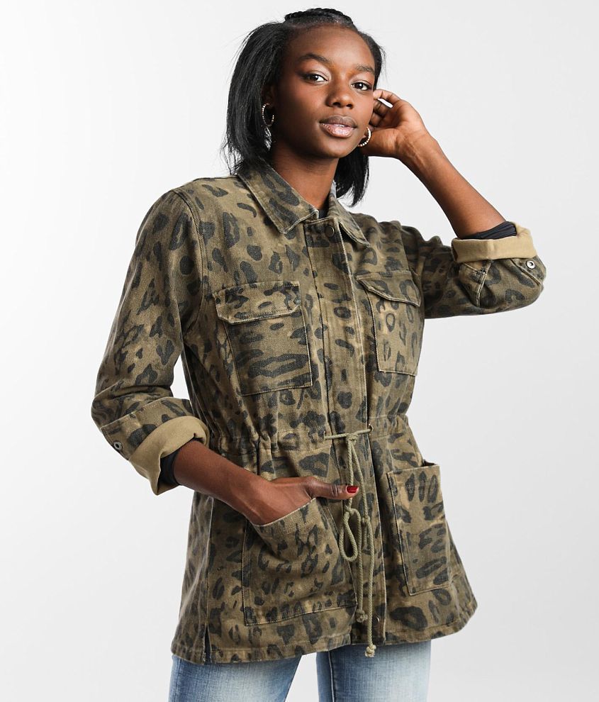 Olive Green Camo Print Utility Jacket