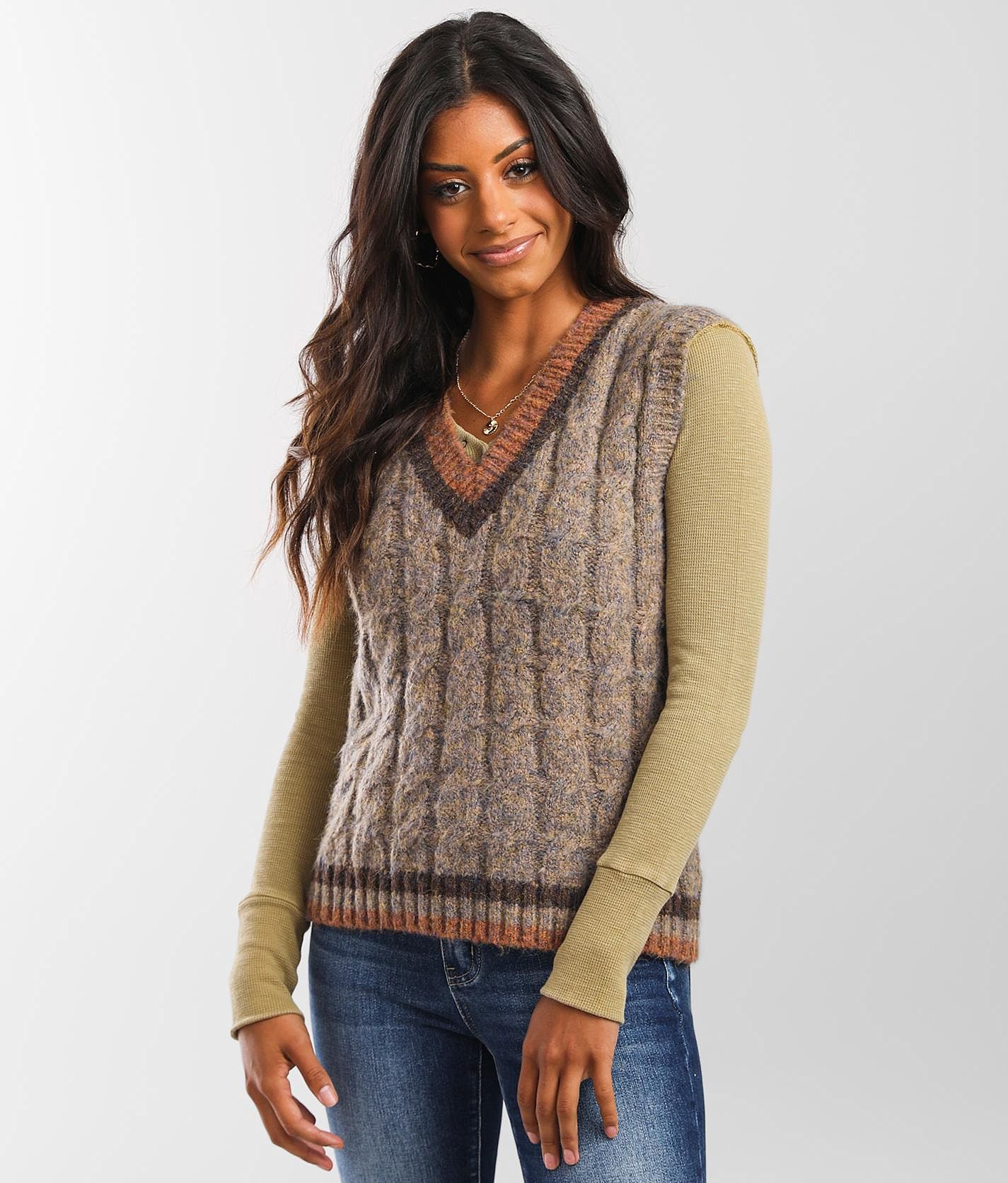 mystree Cable Knit Sweater Vest - Women's Sweaters in Taupe Rust