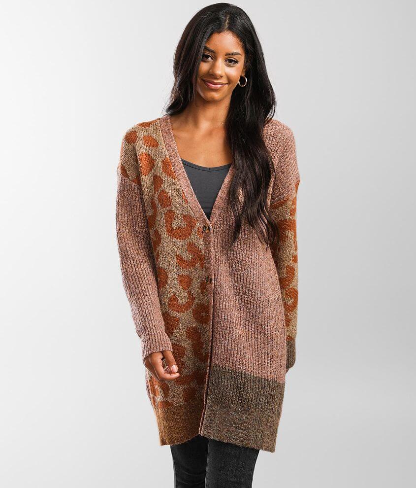 mystree Patchwork Leopard Cardigan Sweater front view