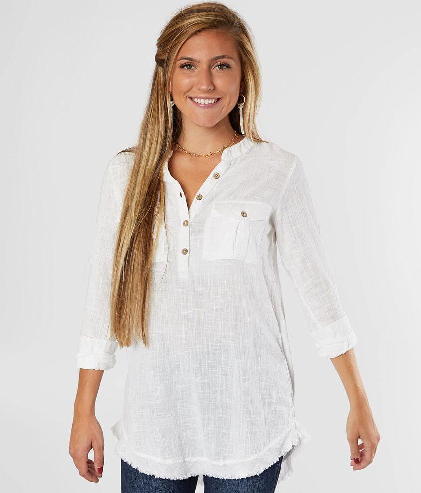 Daytrip Raw Edge Henley Tunic Top front view