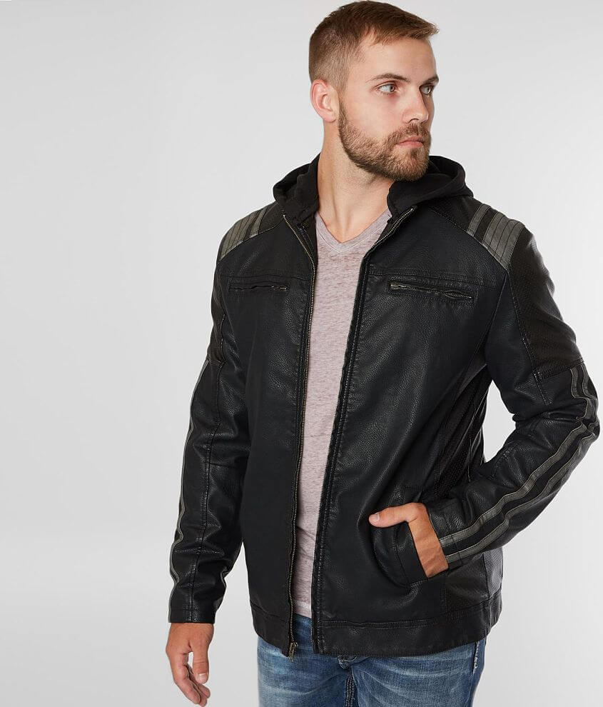 Buckle Black Faux Leather Hooded Jacket - Men's Coats/Jackets in Black ...