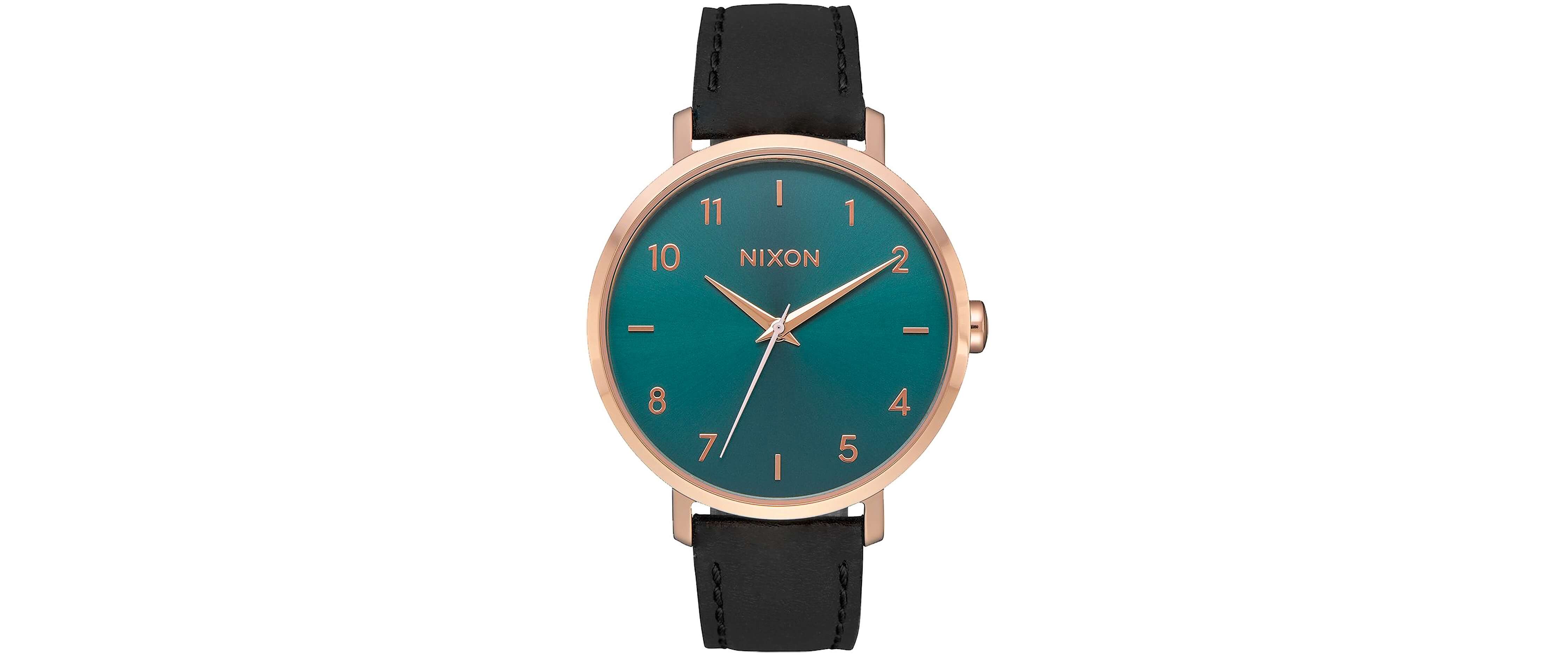 Nixon The Arrow Leather Watch Clothing in Rose Gold Emerald Buckle