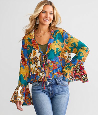 Willow & Root Floral Chiffon Top - Women's Shirts/Blouses in Blue