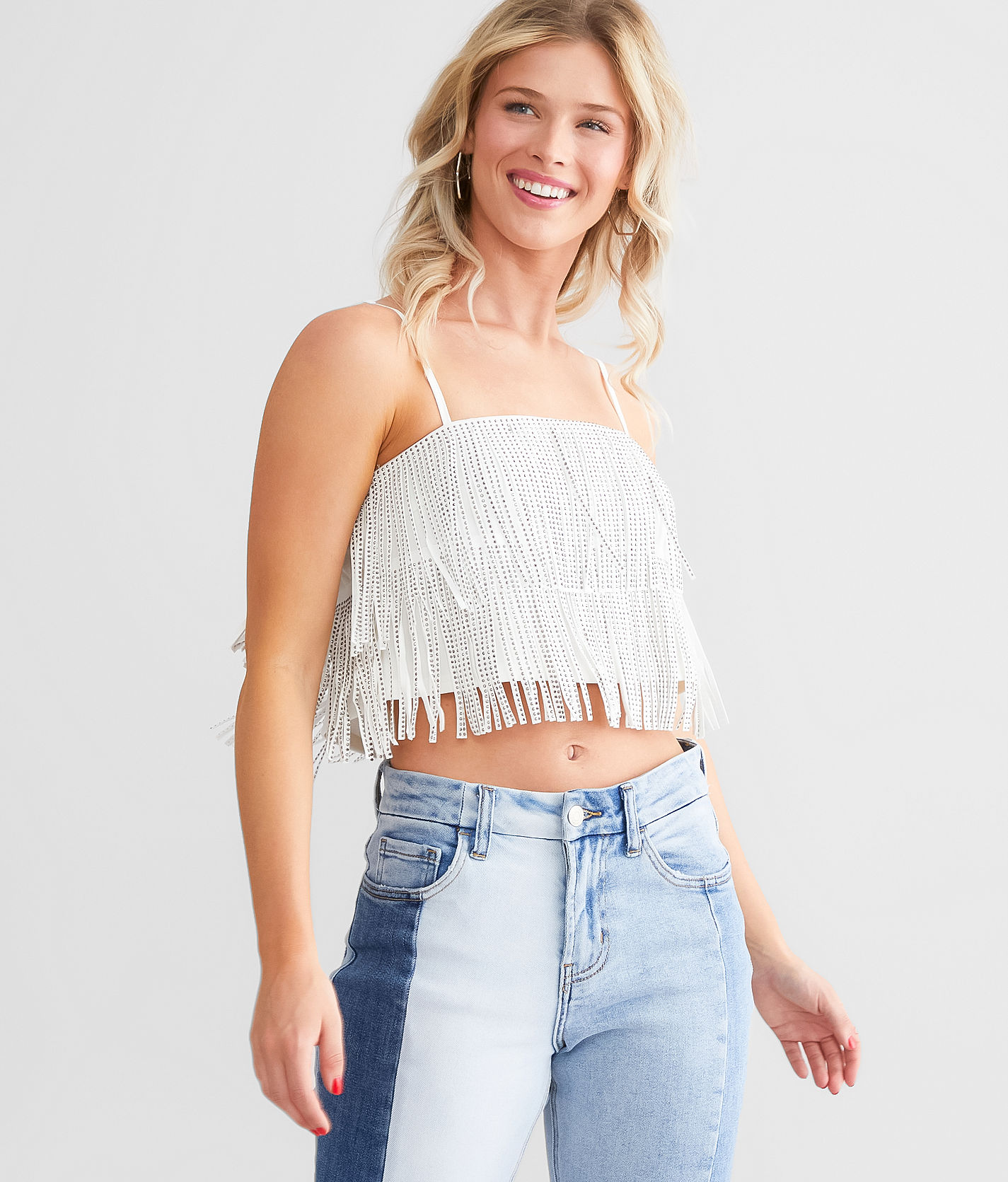 RHINESTONE FRINGE CAMI CROP TOP