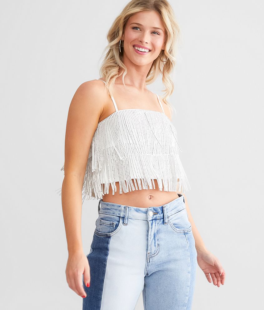 NYLON Apparel Rhinestone Fringe Cropped Tank Top - Women's Tank Tops in  White