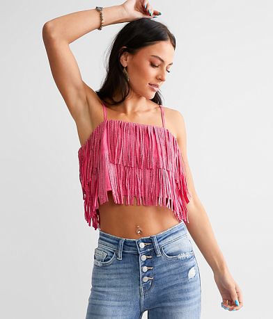 NYLON Apparel Rhinestone Fringe Cropped Tank Top front view