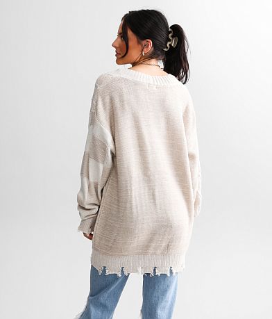 BKE Checkered Cable Knit Cardigan Sweater back view