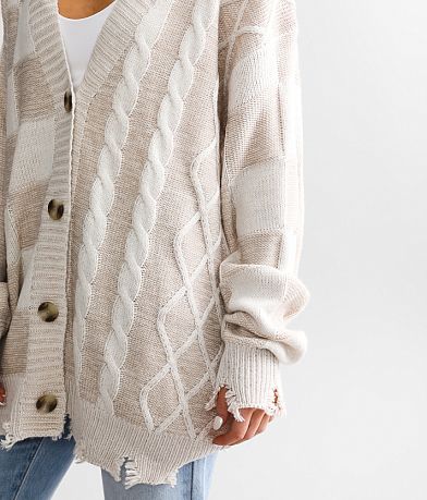 BKE Checkered Cable Knit Cardigan Sweater misc detail 1 view