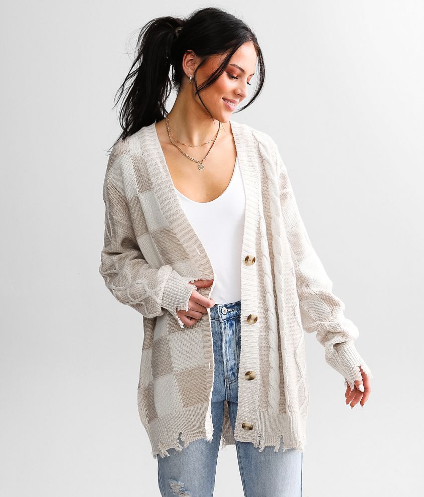 BKE Checkered Cable Knit Cardigan Sweater Women's Sweaters in Cream