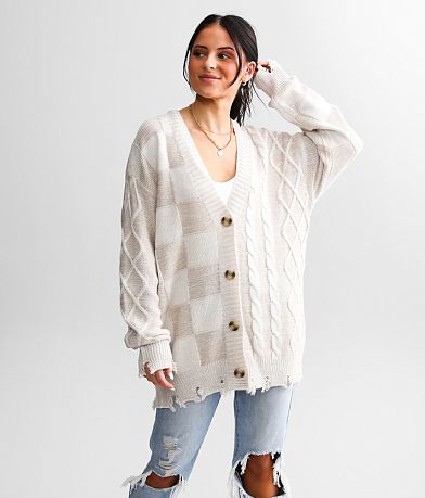 BKE Checkered Cable Knit Cardigan Sweater full left side view