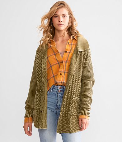 BKE Washed Cable Knit Cardigan Sweater front view