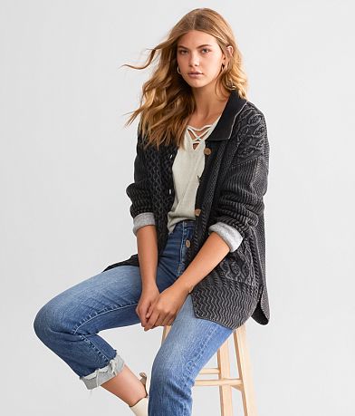 BKE Washed Cable Knit Cardigan Sweater front view