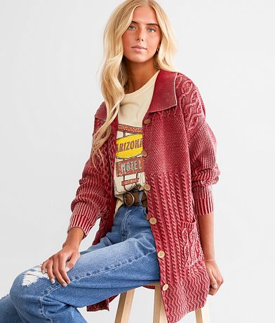 BKE Washed Cable Knit Cardigan Sweater front view