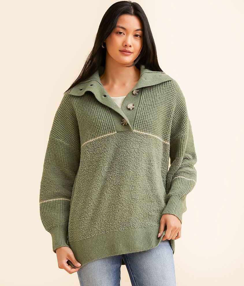 Pieced Chenille Henley Sweater