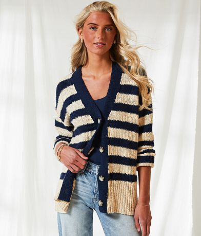 BKE Resort Striped Cardigan Sweater front view