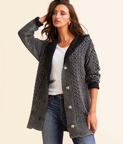 BKE Cable Knit Hooded Cardigan Sweater front view