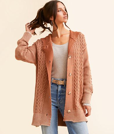 BKE Cable Knit Hooded Cardigan Sweater front view