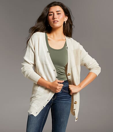 BKE Checkered Cardigan Sweater front view