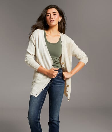 BKE Checkered Cardigan Sweater front view