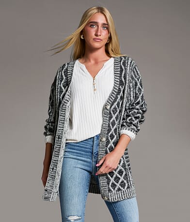 BKE Plated Cable Stitch Cardigan Sweater front view