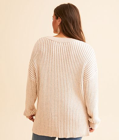 BKE Notch Neck Oversized Waffle Sweater BACK