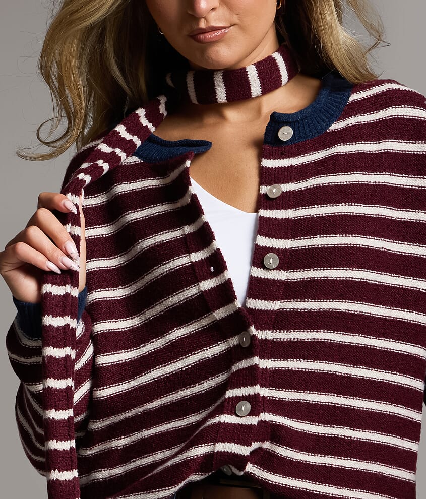 Striped Cardigan Sweater With Scarf