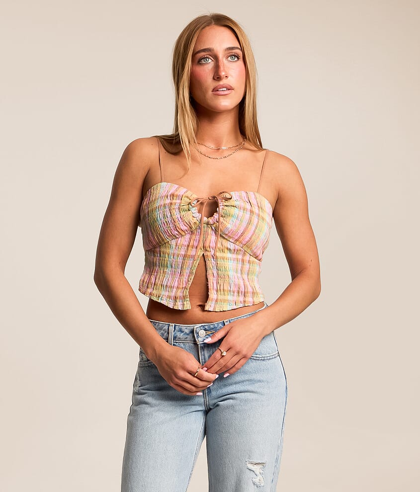 Plaid Split Front Cropped Tank Top - thumbnail 5