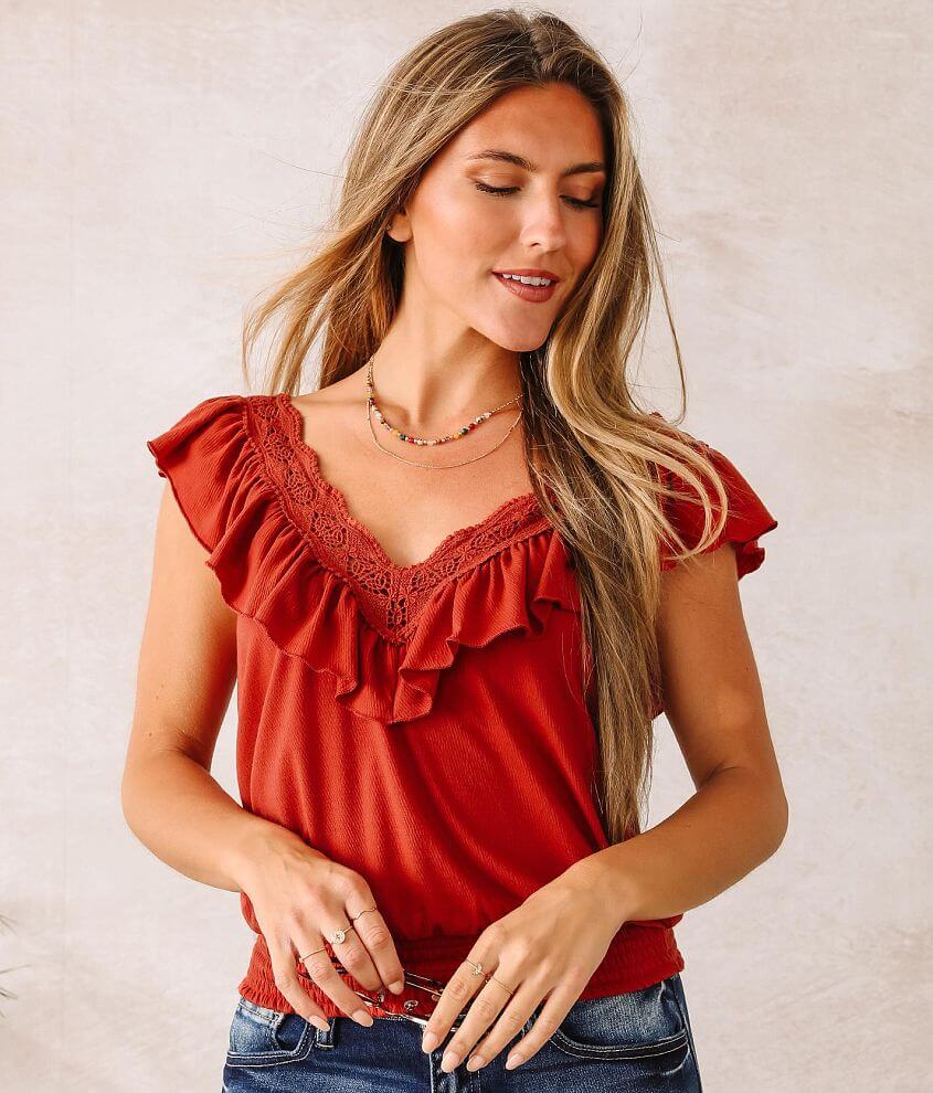 Willow &#38; Root Double V-Neck Ruffle Trim Top front view