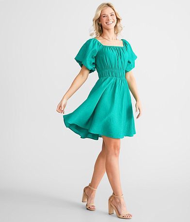 Willow & Root Puff Sleeve Babydoll Dress front view