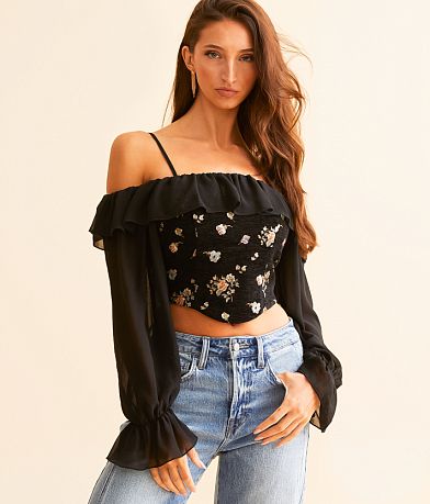 Willow & Root Metallic Floral Cold Shoulder Top front view