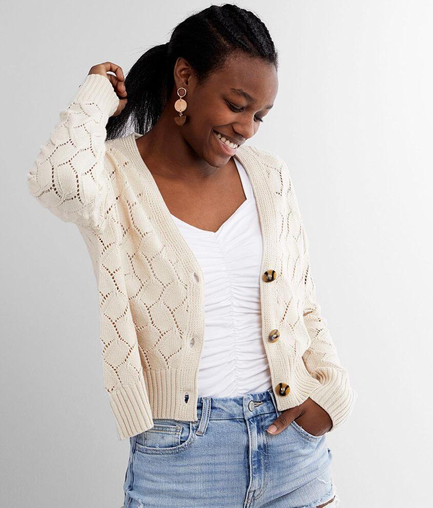 Pointelle Cropped Cardigan Sweater