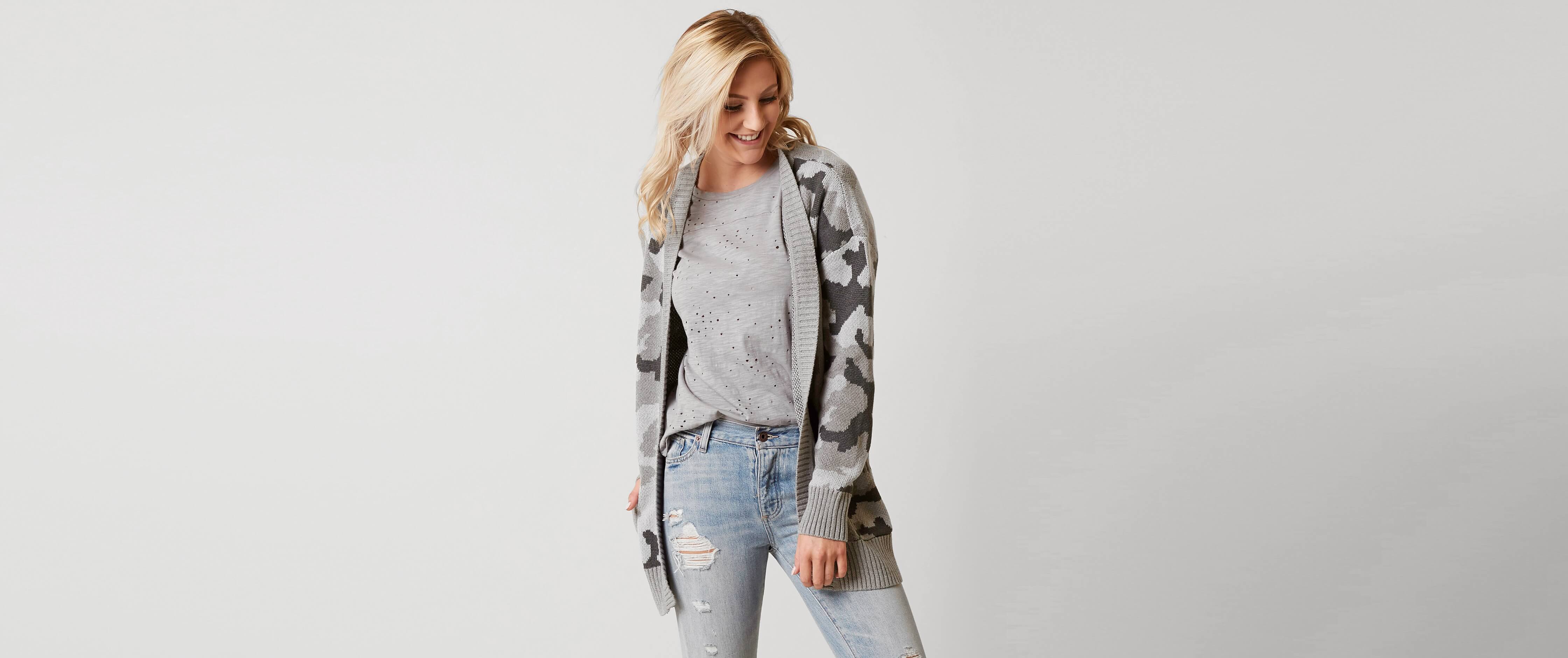 long camo cardigan sweater