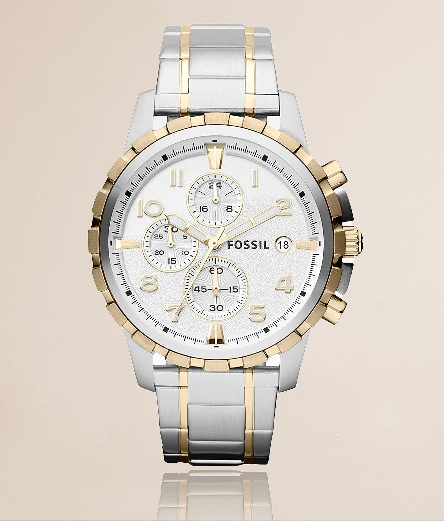 Fossil Gold Tone Chronograph Watch with White Dial and Tan Strap Fossil Chronograph Gold Bezel Men main image 4