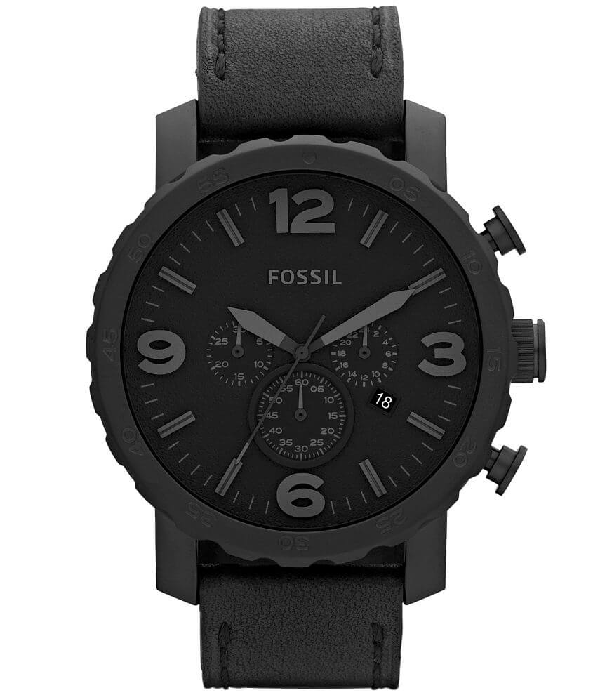 Fossil Nate Black Leather Watch front view