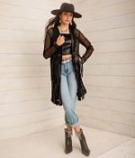 Sterling & Stitch Pleather Fringe Mesh Kimono - Women's