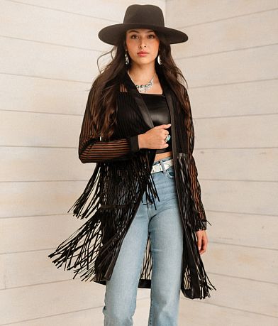 Sterling & Stitch Pleather Fringe Mesh Kimono front view
