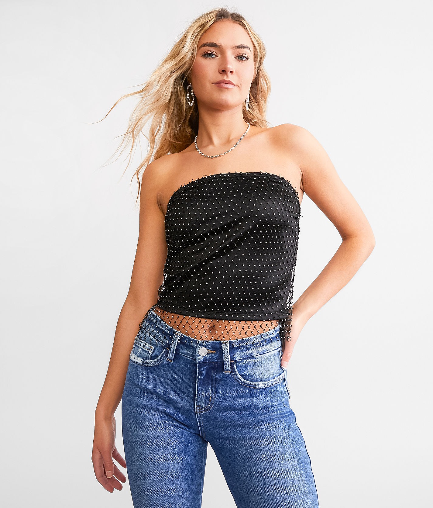 Papermoon Rhinestone Fishnet Cropped Tube Top - Women's Shirts