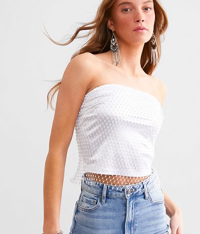 Papermoon Rhinestone Fishnet Cropped Tube Top front view