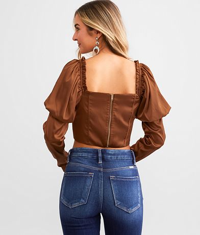 Papermoon Satin Puff Sleeve Cropped Top back view