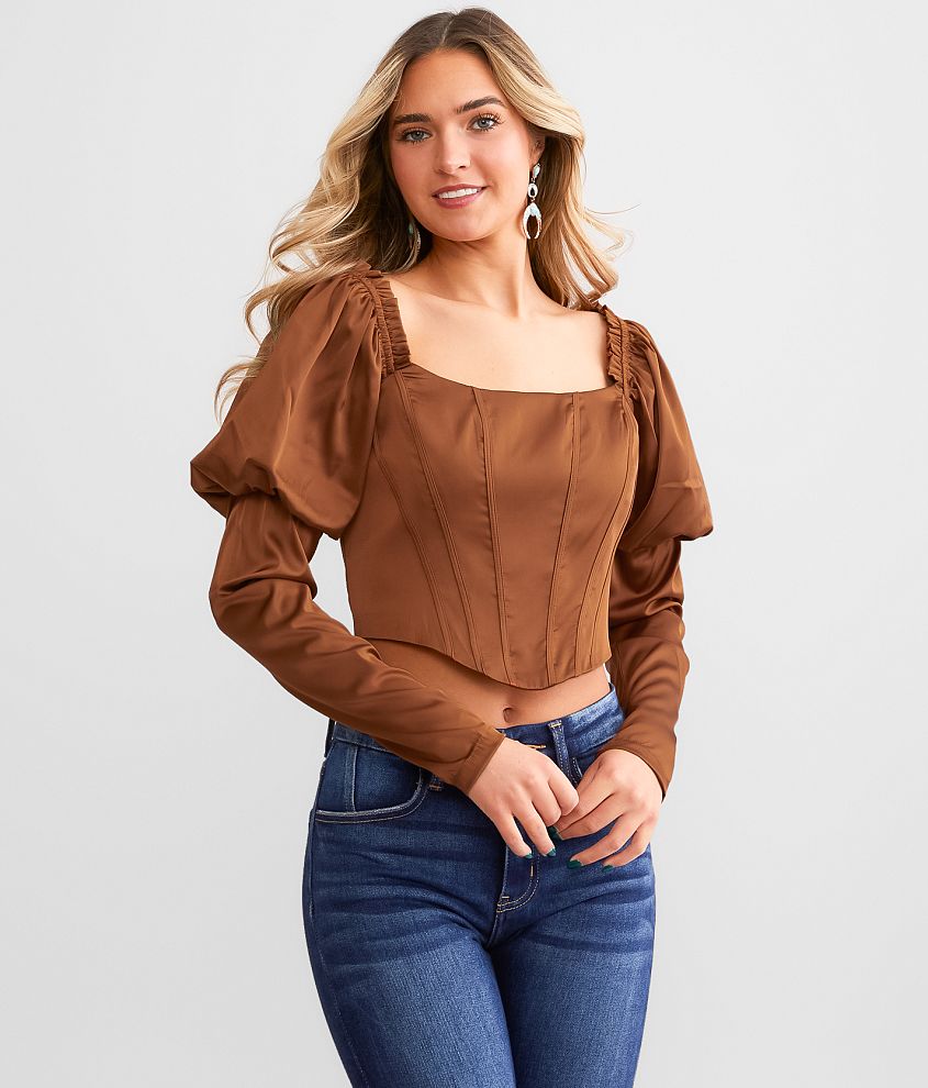 Papermoon Satin Puff Sleeve Cropped Top - Women's Shirts/Blouses in Copper  Brown