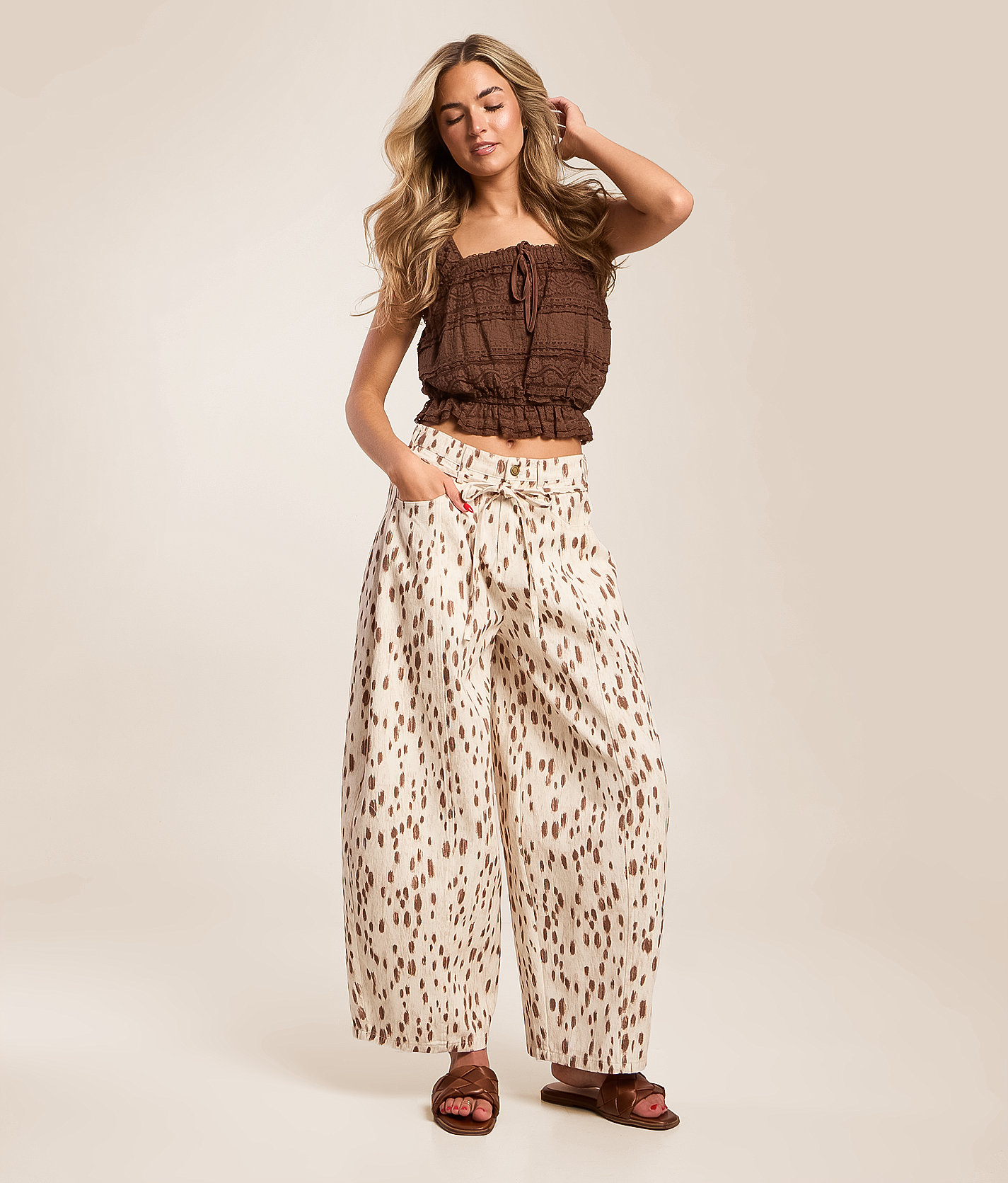 High Rise Dot Print Barrel Pant