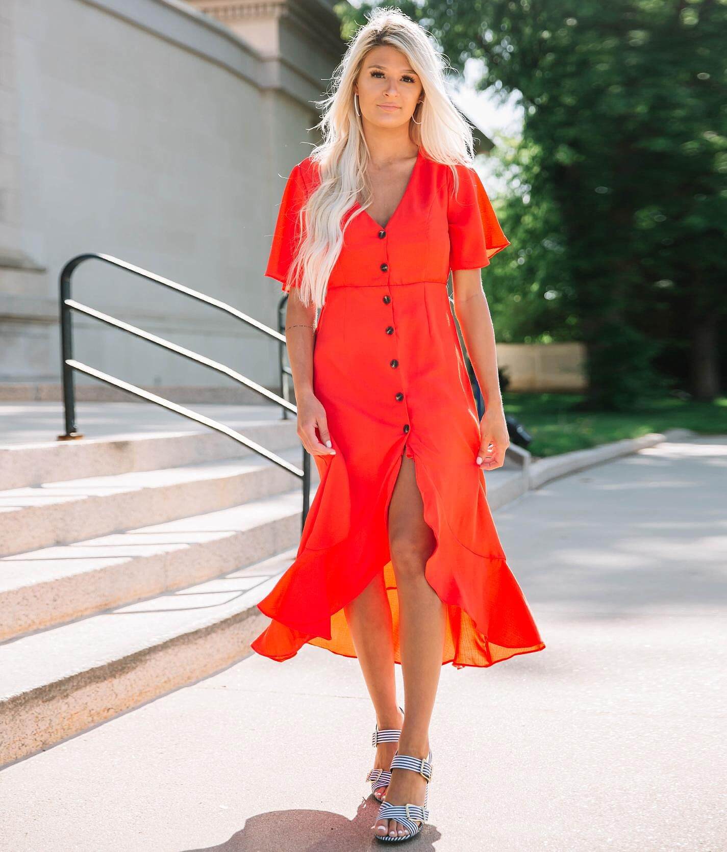 button front red dress